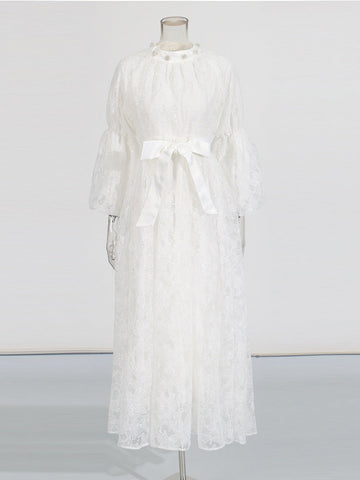 Retro Wind Collared Diamond Splicing Dress 2025 New Women's Summer Lace Yarn Dress